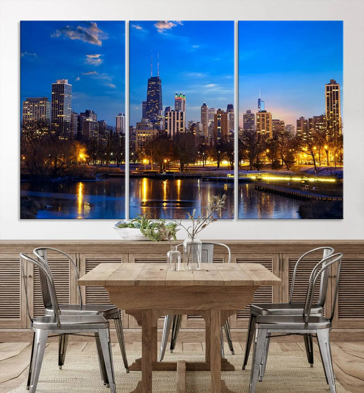 A triptych photo titled "Chicago City Lights Night Blue Skyline Cityscape View Wall Art Canvas Print" is elegantly displayed on gallery-wrapped, museum-quality canvases.