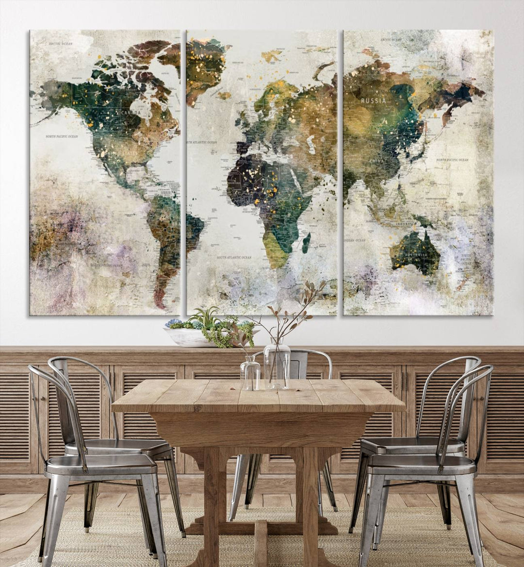 World Map Wall Art Print Map on Canvas Gallery Wall Set of 3 Panels Gift Traveler Map