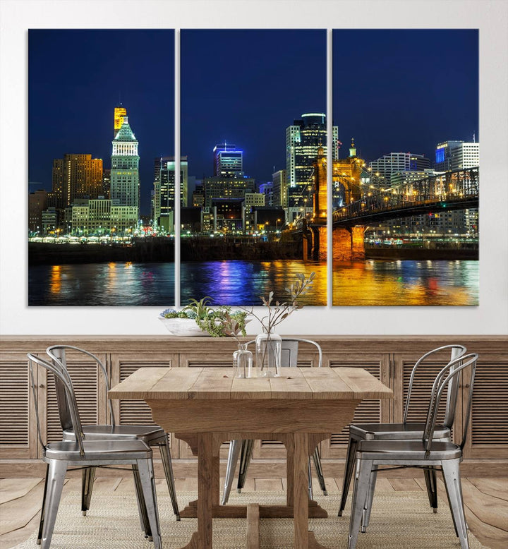 The "Cincinnati City Lights Night Skyline Cityscape" canvas print, displayed above a sofa, exhibits museum-quality craftsmanship with a UV-protective coating.