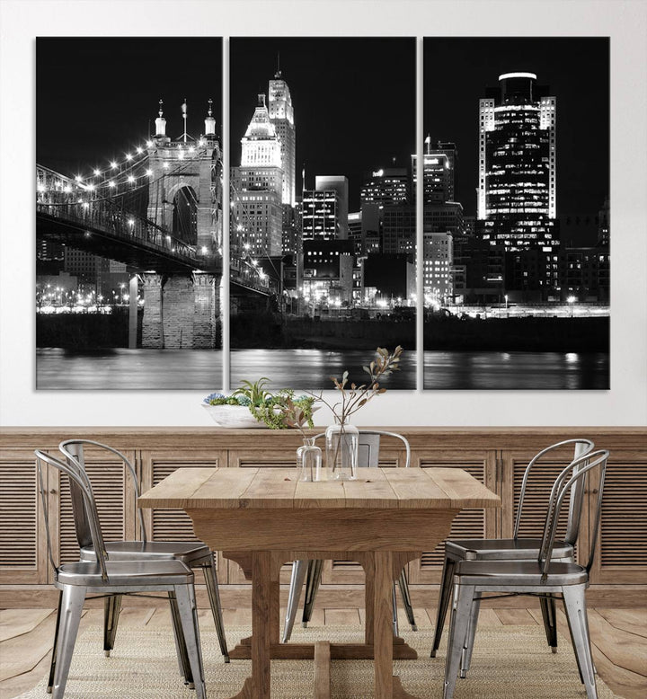 The Cincinnati City Skyline Black and White Wall Art Cityscape Canvas Print is prominently displayed.