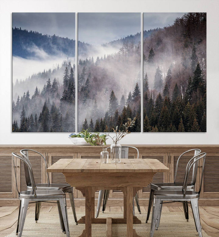 The "Beautiful Rising Fog in Winter Mountain Landscape" wall art is presented on museum-quality canvas, adding a striking visual element to the living room.