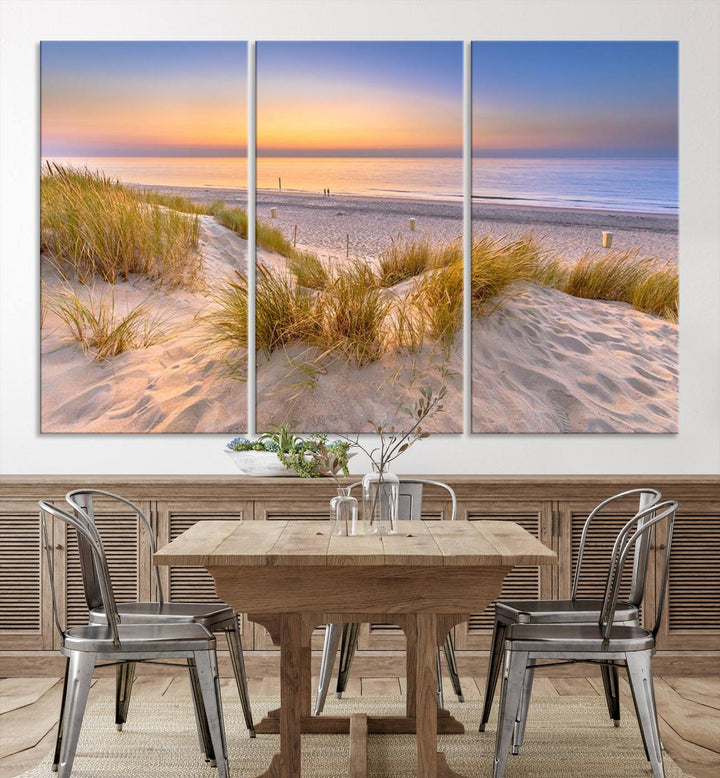 The "Sunset Silence on the Beach" wall art canvas print features a serene beach scene at sunset on museum-quality canvas with a UV-protective coating.