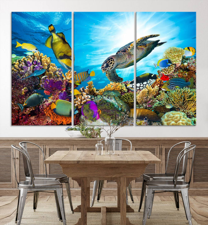 The Aquatic Life Sea Turtles Fish Wall Art Canvas Print is a triptych of vibrant underwater scenes featuring a sea turtle, various fish, and colorful coral. Crafted on museum-quality canvas, this handcrafted masterpiece brings the ocean to life in any space.