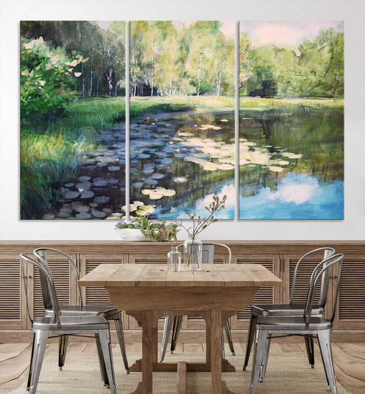 The "Forest Pond River Lake Wall Art Canvas Print" showcases a serene lakeside landscape with trees and water lilies. Crafted on museum-quality canvases and enhanced with UV-protective coating, this piece serves as an elegant addition to any space.