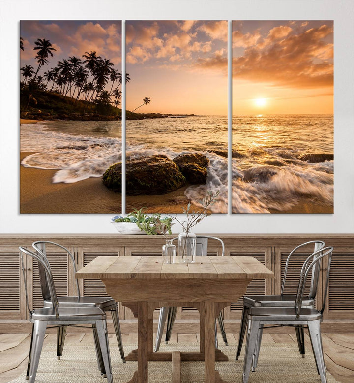 The "Tropical Island Sunset Sunrise Wall Art Canvas Print" is a stunning triptych that showcases a tranquil beach sunset complete with waves and palm trees. Each canvas piece is meticulously hand-assembled and framed using museum-quality polycotton with a UV-protective coating to ensure enduring beauty.