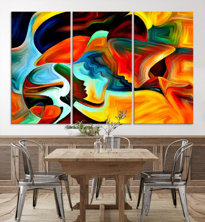 The "Human Love Figures Abstract Wall Art Canvas Print" adds a stylish touch to the dining area, featuring vibrant three-panel artwork on museum-quality canvases with UV-protective coating.