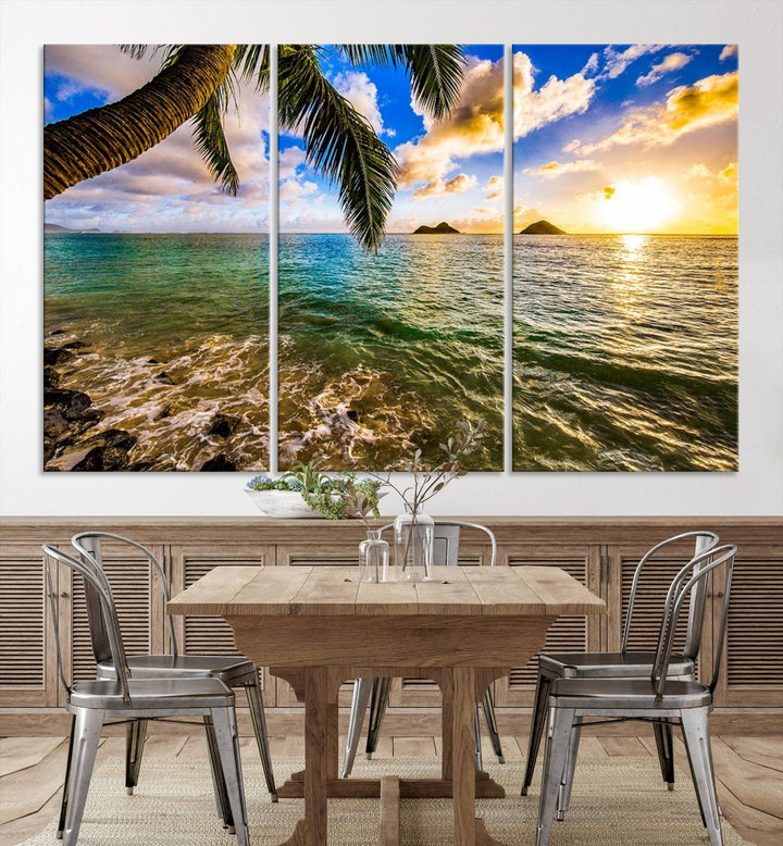 The Sunset Lake View Wall Art Canvas Print, gallery wrapped on a museum-quality canvas, enhances the vibrant living room decor with its UV-protective coating.