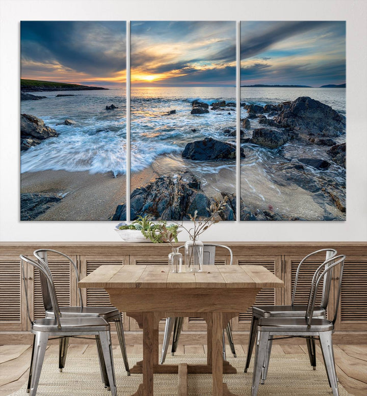 The "Beautiful Stormy Sunset at Bagh Steinigidh Beach Stones" triptych ocean-themed wall art is displayed on museum-quality canvas and features a UV-protective coating.