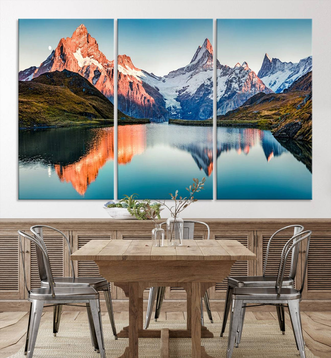 The living room features the Landscape Mountain and Lake View Wall Art Canvas Print. This triptych is expertly handmade in the USA on museum-quality canvas and includes a UV-protective coating to ensure lasting beauty.