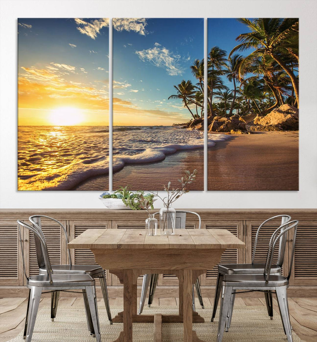 The wall features a Sunset Ocean View Beach Canvas Print, showcasing museum-quality craftsmanship by professional artisans.