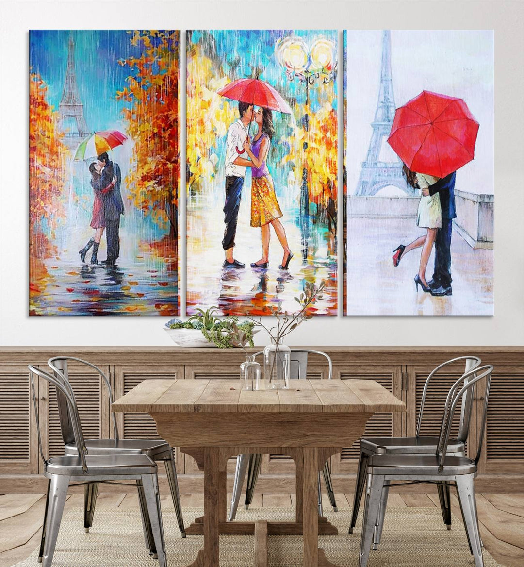 A triptych of the "Love in Paris Wall Art Canvas Print" showcases a couple with an umbrella in romantic settings. This artwork is crafted on museum-quality canvas and features a UV-protective coating for peace of mind. It also comes with the added convenience of free shipping.