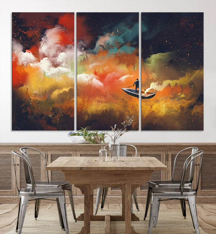 The "Surreal Space Adventure Canvas Wall Art" is a dreamlike abstract galaxy print with an astronaut among clouds, inviting you on a space adventure. This stunning piece comes framed and ready to hang, making it perfect for enhancing living room or bedroom decor.