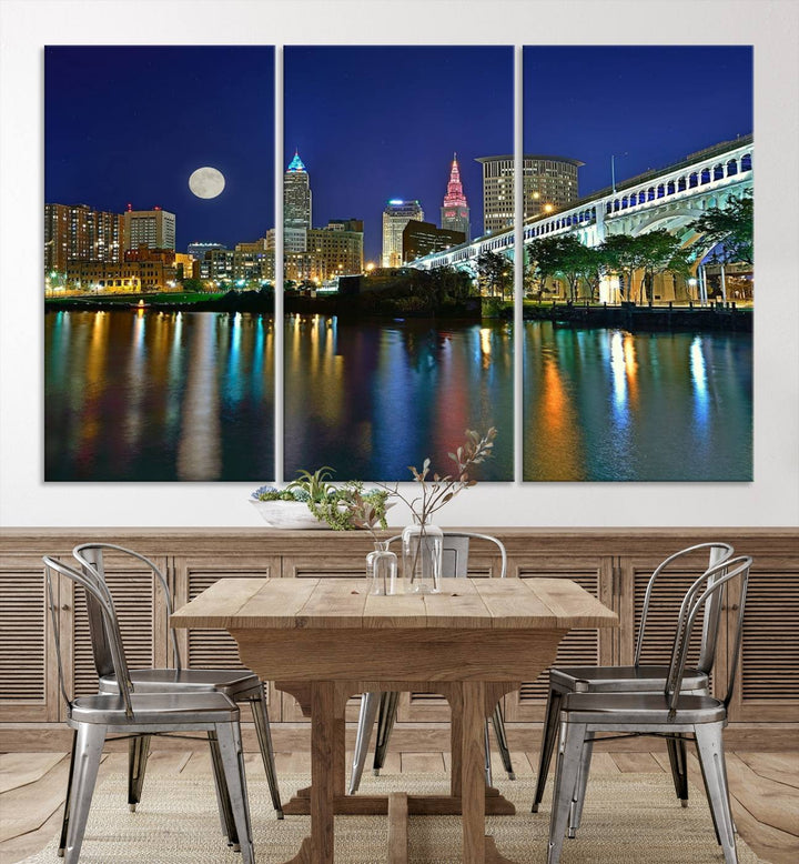 Cleveland City Lights Night Skyline, a stunning triptych wall art cityscape canvas print with museum-quality UV-protective coating, is beautifully showcased.