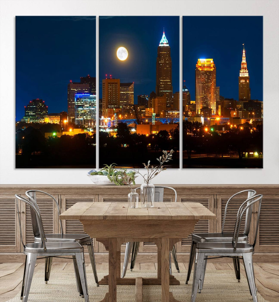 The "Cleveland Night Skyline Wall Art City Cityscape Canvas Print" adds elegance to the room with its depiction of a city skyline and full moon on museum-quality canvas. The artwork is enhanced by a UV-protective coating to ensure lasting brilliance.