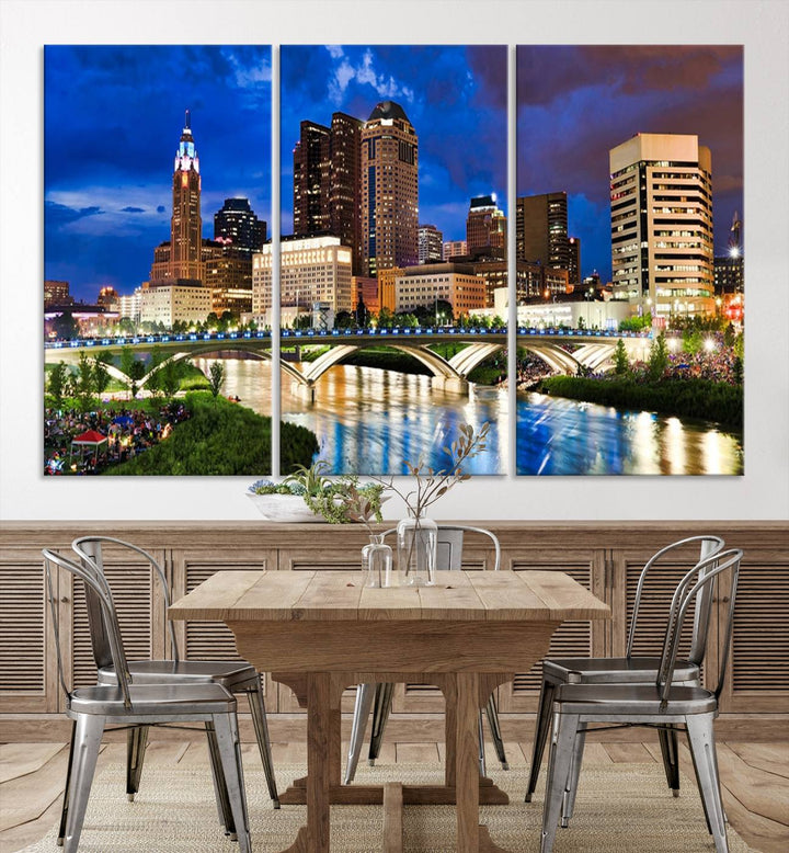 The Columbus City Lights Night Bright Blue Cloudy Skyline Cityscape View Wall Art Canvas Print, crafted on museum-quality canvas and finished with a UV-protective coating, adorns the wall.