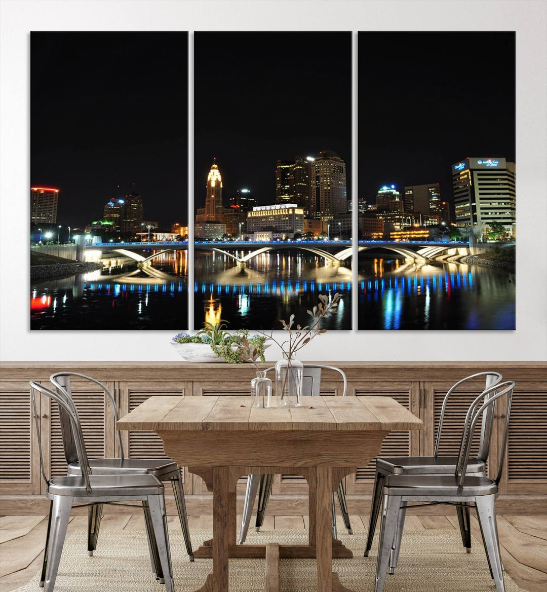 The "Columbus City Lights Night Skyline Cityscape View Wall Art Canvas Print" elegantly decorates the area, presented on museum-quality canvases that feature UV-protective coating to maintain their vibrant appearance.