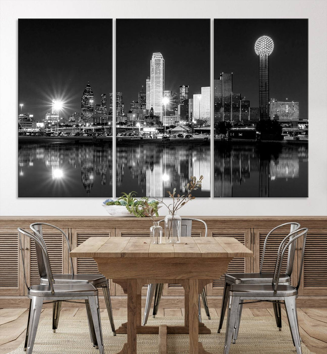 The living room showcases the Dallas City Lights Skyline Black and White Wall Art Cityscape Canvas Print. This museum-quality artwork is ready to hang and features a UV-protective coating to maintain its vibrant colors.