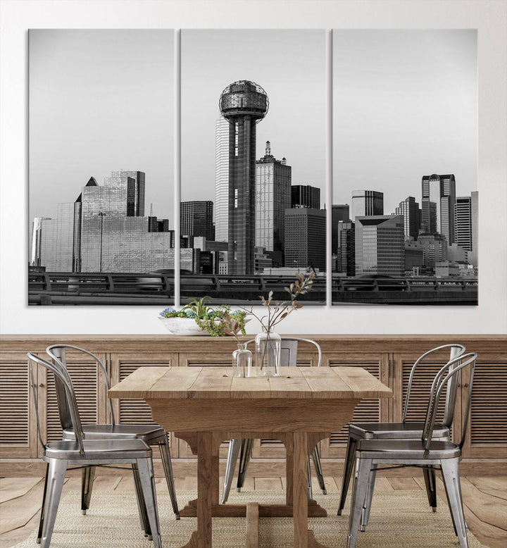 The Dallas City Lights Skyline Black and White Wall Art is elegantly displayed on museum-quality canvas.