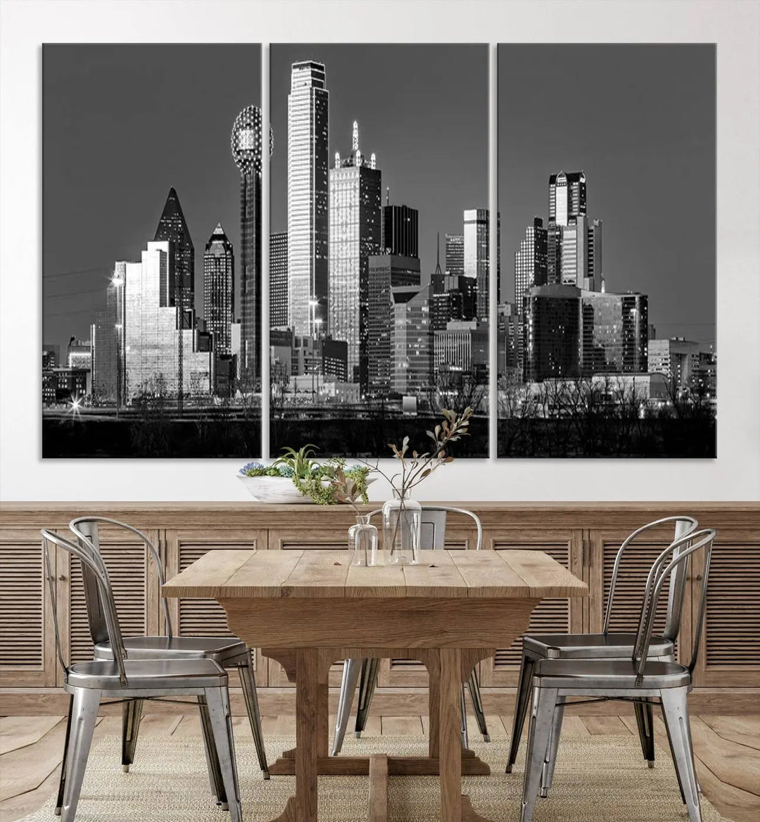 A black and white triptych of the Dallas city skyline is displayed, crafted on museum-quality canvas. This wall art piece is ready to hang, with each component adorned with a UV-protective coating to maintain its captivating appeal.