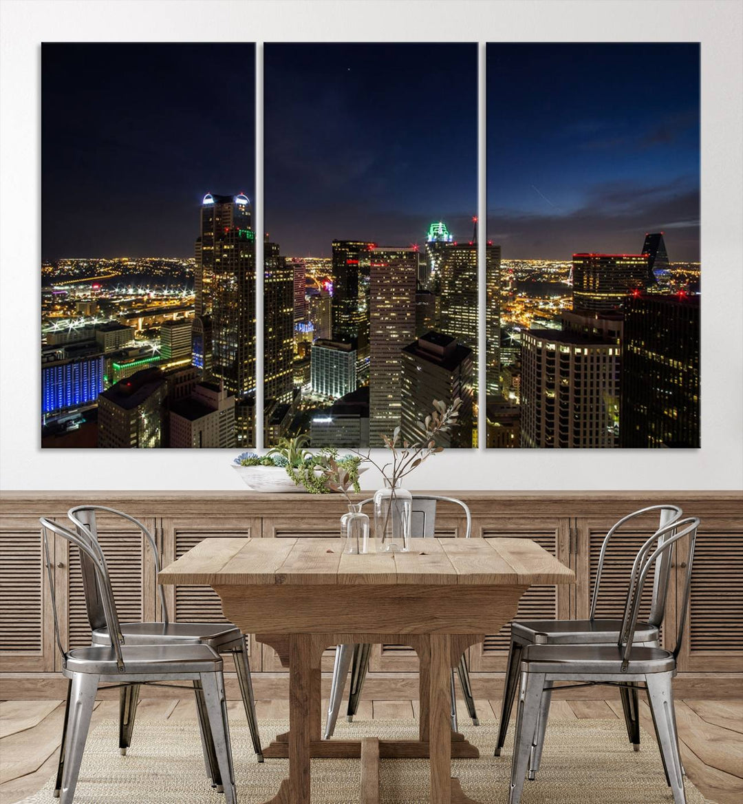 A living room showcasing a Dallas City Lights Night Skyline Cityscape View Wall Art Canvas Print, a three-panel artwork on museum-quality canvas with vibrant colors and durability.