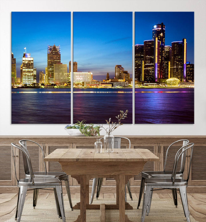 The living room features a breathtaking canvas print titled "Detroit City Lights Night Bright Blue Skyline Cityscape View," presented in a stunning triptych format on museum-quality canvases that are ready to hang.