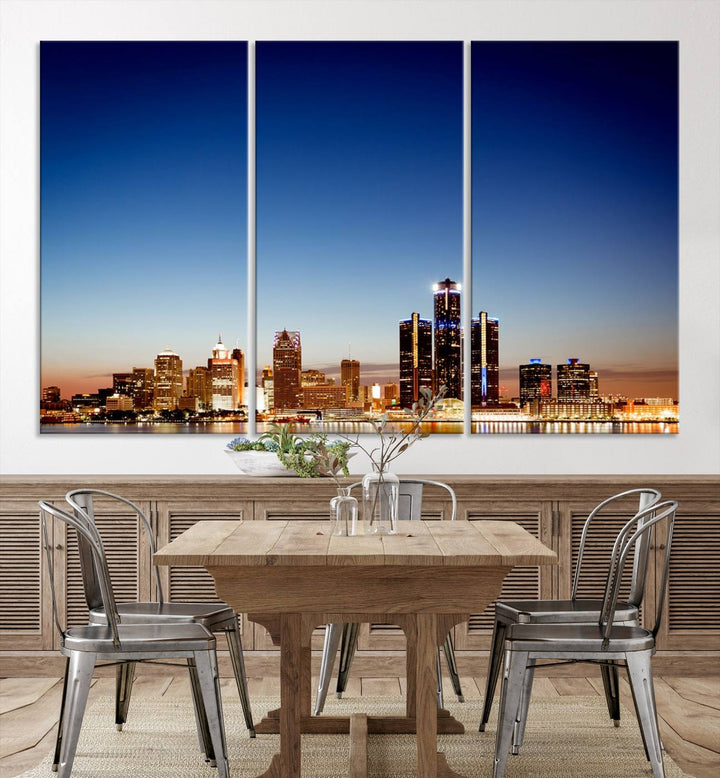 The Detroit City Lights Sunrise Skyline Cityscape View Wall Art Canvas Print adorns the modern living room. Crafted on museum-quality canvas with a UV-protective coating, this piece is ready to hang and elegantly elevates your décor.