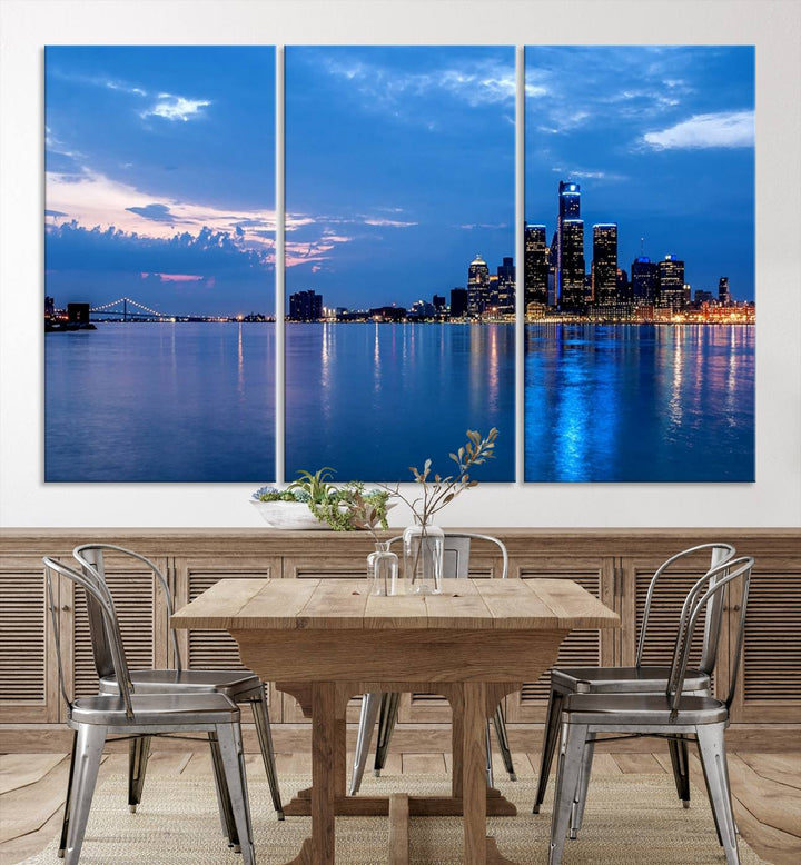 The "Detroit City Lights Night Blue Cloudy Skyline Cityscape View" wall art, displayed on museum-quality canvases, is split into three gallery-wrapped panels.