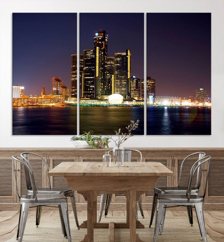 The Detroit City Lights Night Skyline Cityscape View Wall Art Canvas Print, elegantly split into three panels, is made from museum-quality pollycotton and gallery wrapped for a sophisticated touch. It is available with free shipping to effortlessly elevate your space.