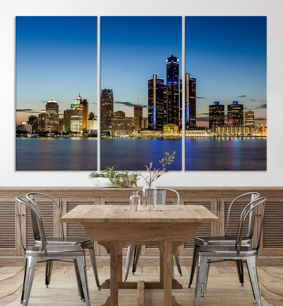 The "Detroit City Lights Sunrise Skyline Cityscape View Wall Art Canvas Print" on the wall is a triptych gallery-wrapped on museum-quality canvas, adding an elegant touch to the space.