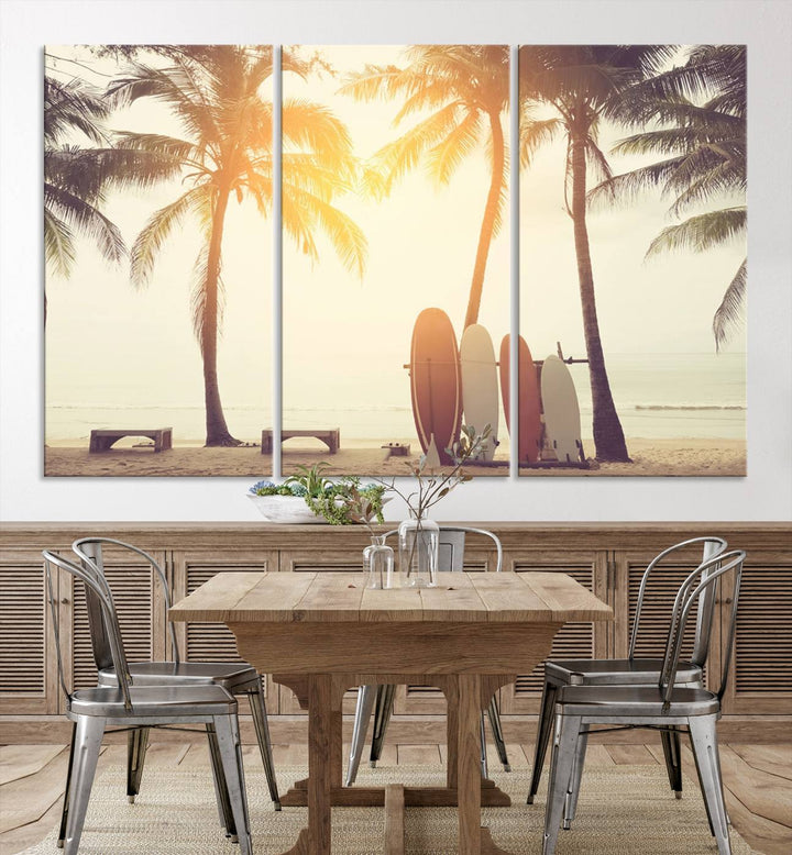 Surfboard and Palm Tree on Beach Double Exposure with Colorful Bokeh Sunset Light Wall Art Canvas