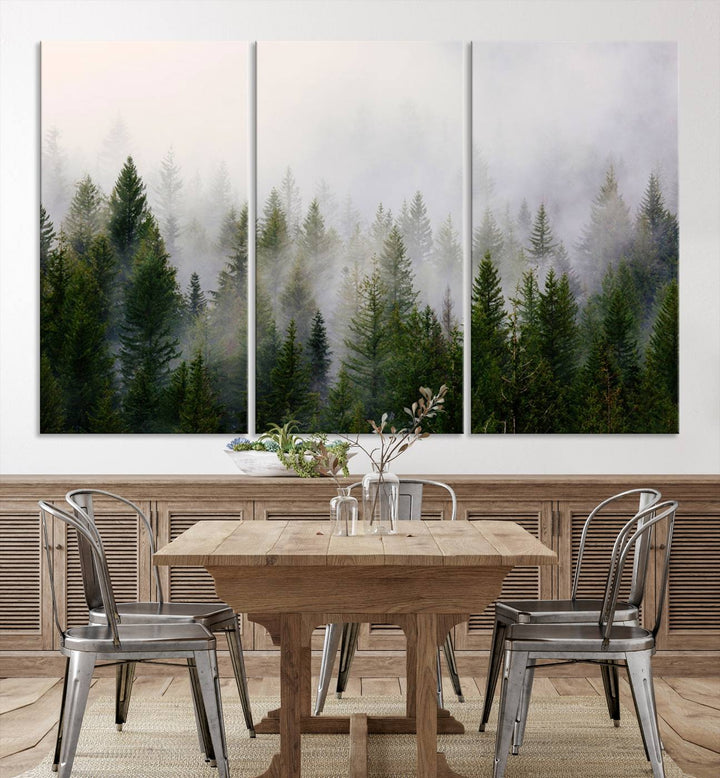 A 3-panel Misty Pine Forest Wall Art Canvas Print, featuring a green woodland scene, adorns the wall.