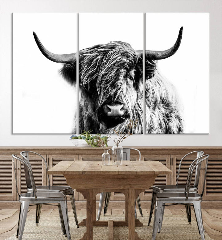 The Scottish Highland Cow Cattle Art Print Farmhouse Wall Art Canvas Print enhances rustic farmhouse decor with its depiction of a long-haired, large-horned cow. This triptych is an ideal choice for chic wall art.