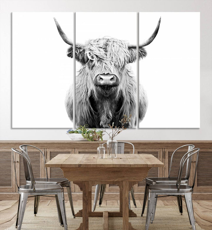 The wall art features a triptych of a Scottish Highland cow, printed on museum-quality canvases with a UV-protective coating. This decorative piece is known as the Highland Cow Canvas Wall Art Farm House Wall Art.