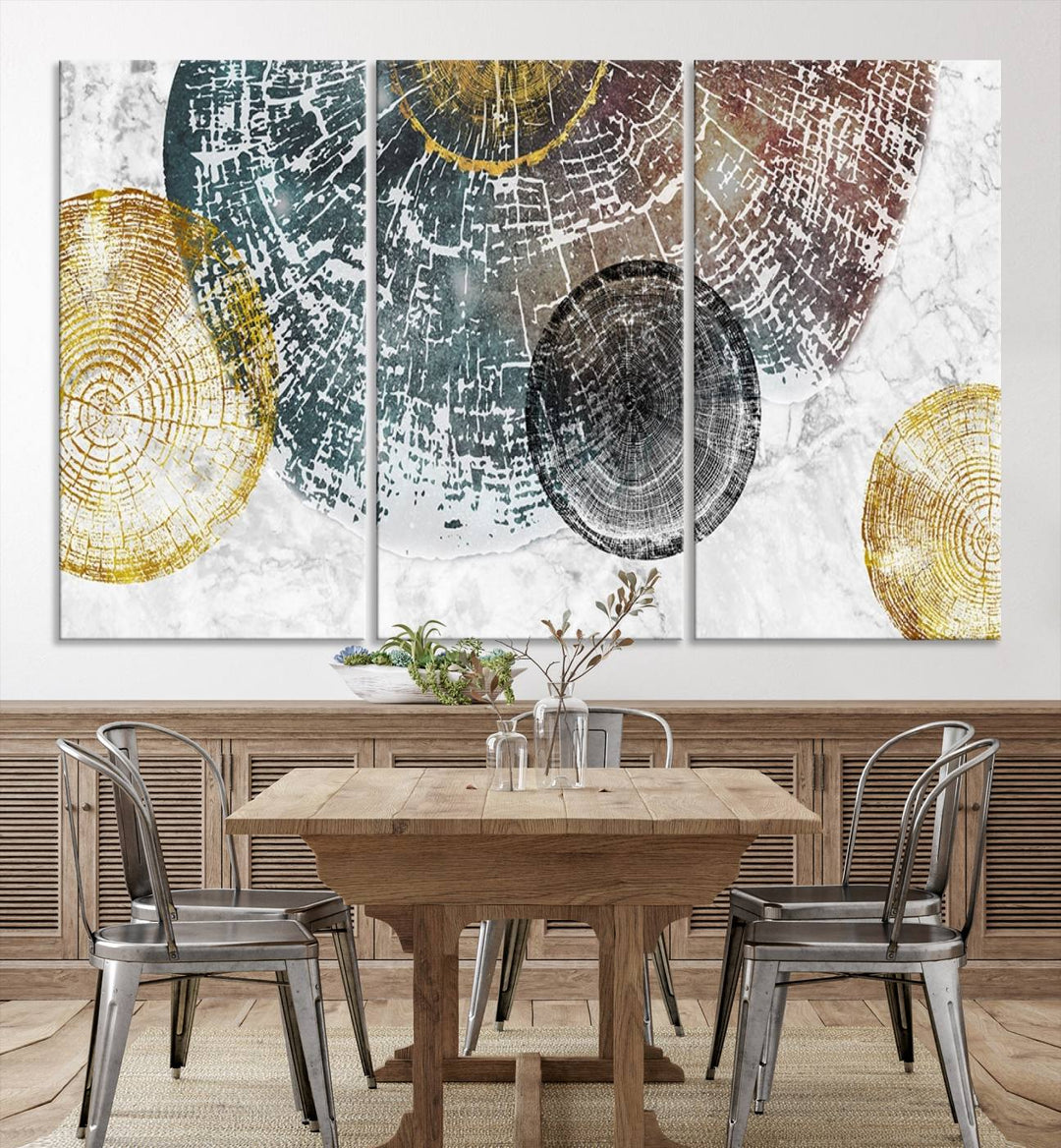 Contemporary living room showcasing the "Wood Lines" 3 Panel Abstract Wall Art Canvas Print displaying museum-quality tree ring art on the wall.