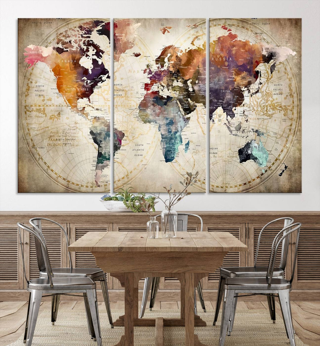 A World Map Wall Art Canvas Print featuring vibrant colors is crafted on museum-quality canvas, adding a touch of elegance to the room.