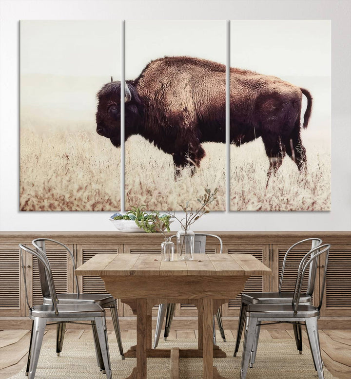 A stylish living room showcases the captivating "Bison in Field" Wall Art Canvas Print as farmhouse decor.