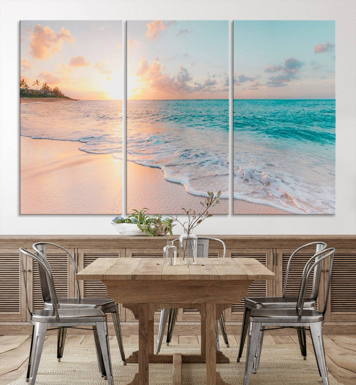 Beach Sunrise Wall Art, Coastal Seascape Canvas Print, Ocean Wave Multi-Panel Giclee, Coastal Sunset Beach Scene for Modern Decor