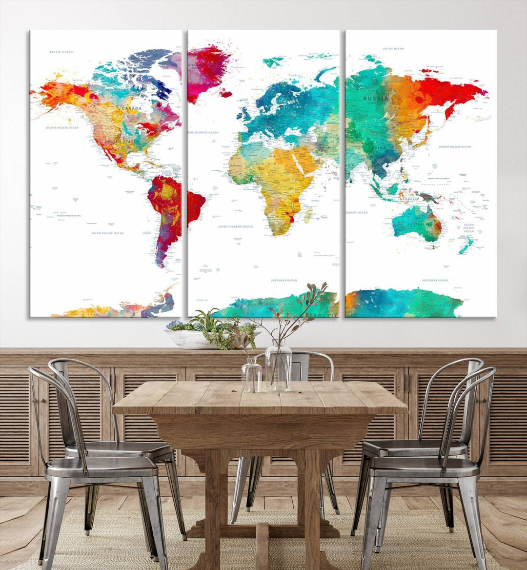 A stunning Colorful World Map Triptych Canvas Print, featuring a ready-to-hang framed design, adds vibrancy and modern flair to the space, effortlessly elevating the entire home décor.