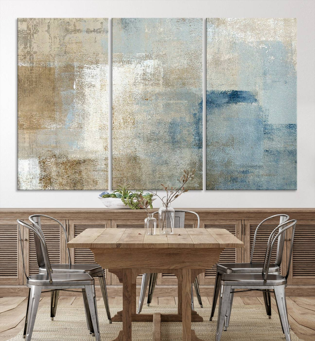 Abstract Blue and Beige Wall Art, Modern Minimalist Canvas Print Set, Giclee Textured Art, Large Multi-Panel Artwork for Living Room