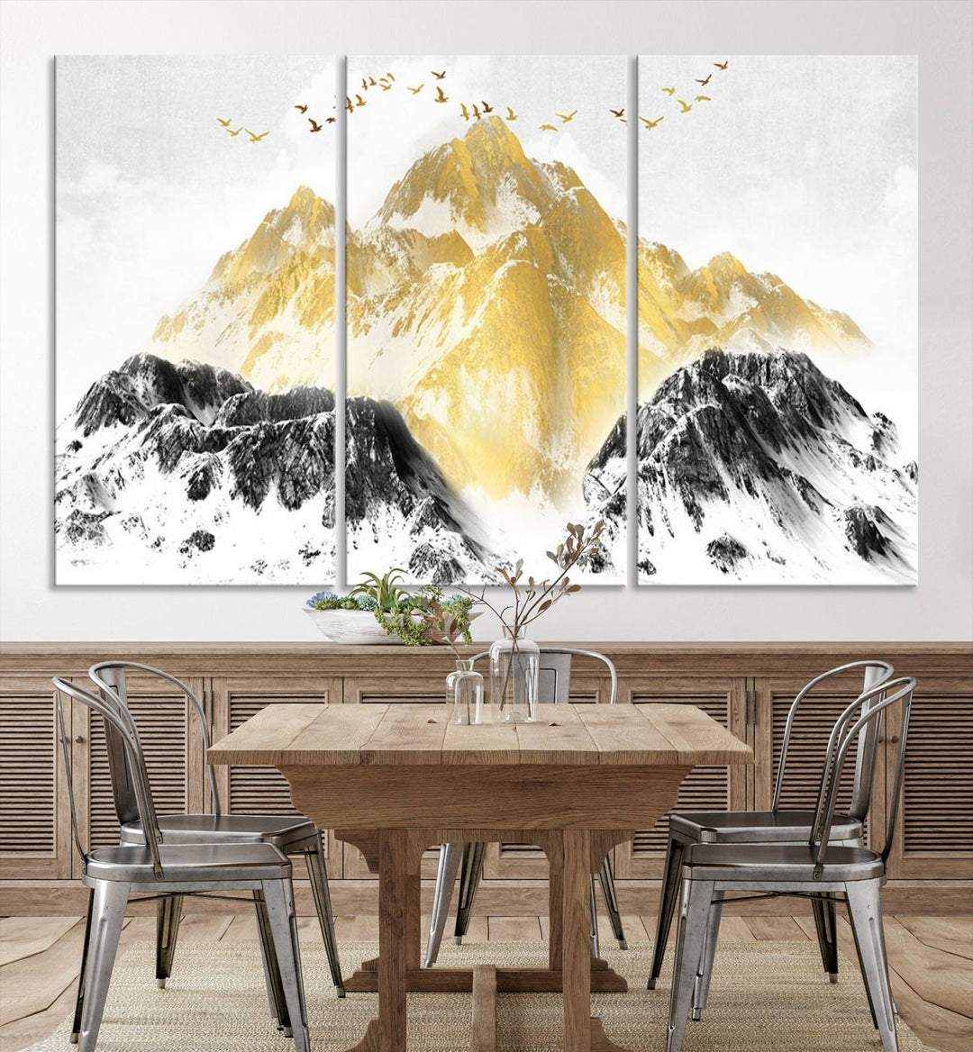 Golden Mountain Triptych Wall Art, Modern Giclee Canvas Print, Nature Landscape Decor for Living Room, Contemporary Gold and Black Wall Art