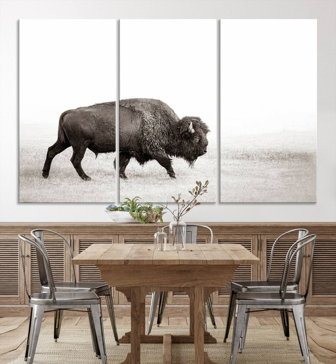 American Bison in Grasslands Triptych Canvas Wall Art – Western-Inspired Nature Decor for Home or Office