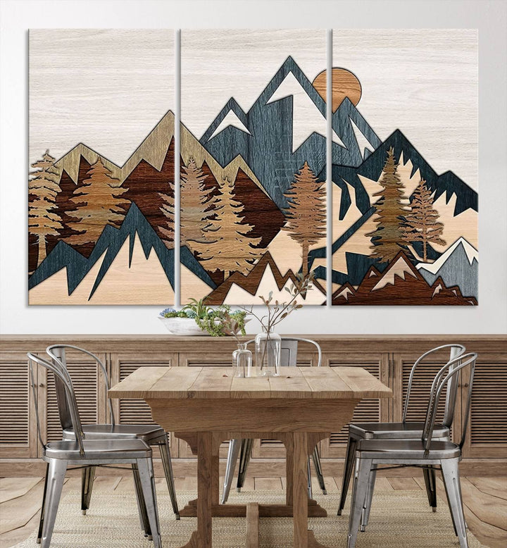 Woodland Mountain Landscape Triptych, Giclee Canvas Art for Modern Home, Rustic Wooden Nature Wall Art, Large Mountain and Tree Canvas for Living Room