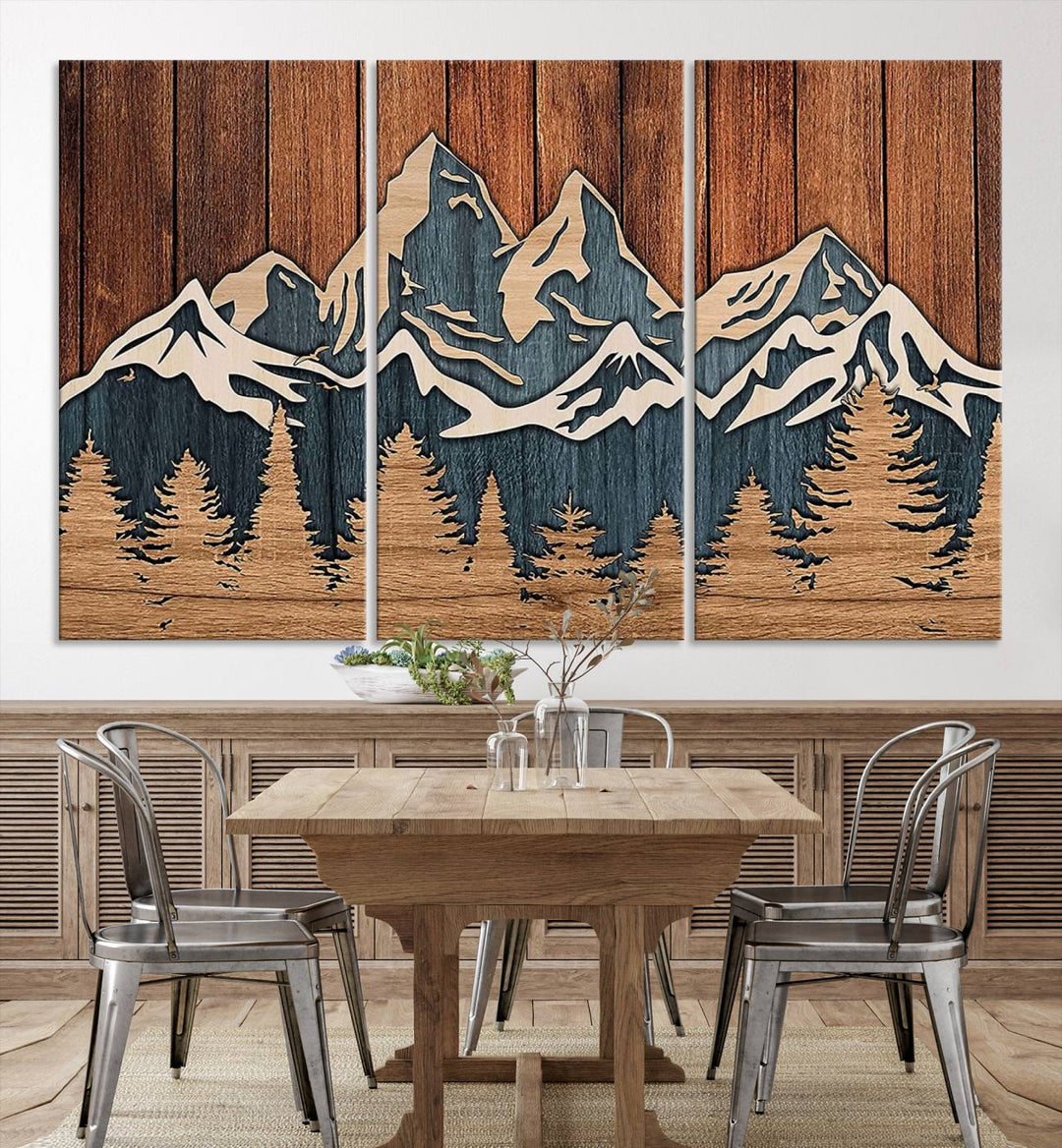 Rustic Wood Style Mountain Wall Art, Nature Forest Canvas Print, Wooden Textured Mountain Artwork, Handcrafted Landscape Decor for Farmhouse Decor