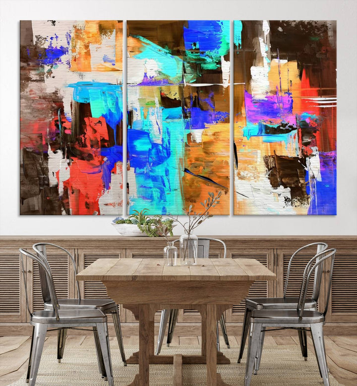 In a modern living room, the "Colorful Abstract Wall Art Canvas Print" serves as a stunning triptych centerpiece on museum-quality canvas, ready to hang. Its UV-protective coating ensures enduring vibrancy.