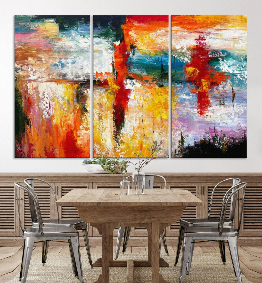 A Colorful Abstract Wall Art Canvas Print graces the wall, making this ready-to-hang masterpiece, complete with UV-protective coating, perfect for elevating any space with its vibrant allure.