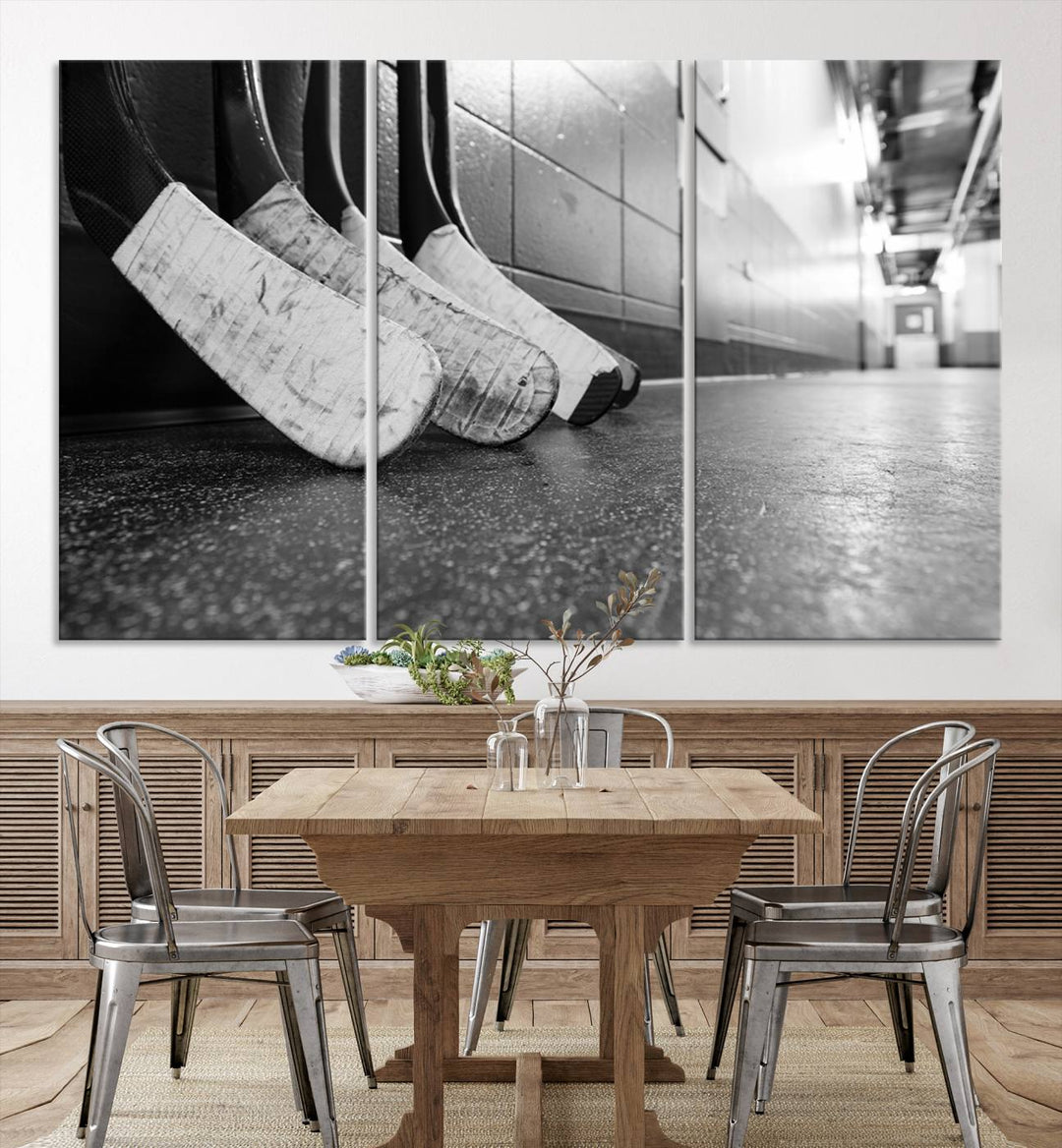 A living room featuring a large Ice Hockey Wall Art Canvas Print on gallery-wrapped canvas.