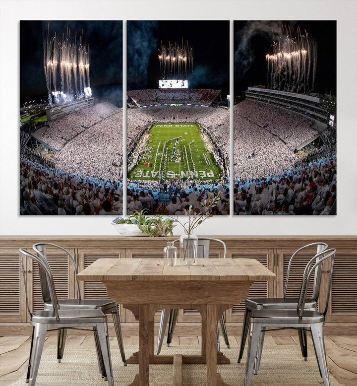 The Penn Stadium Football Wall Art Canvas Print showcases the lively ambiance of a bustling Pennsylvania University football stadium illuminated by fireworks.