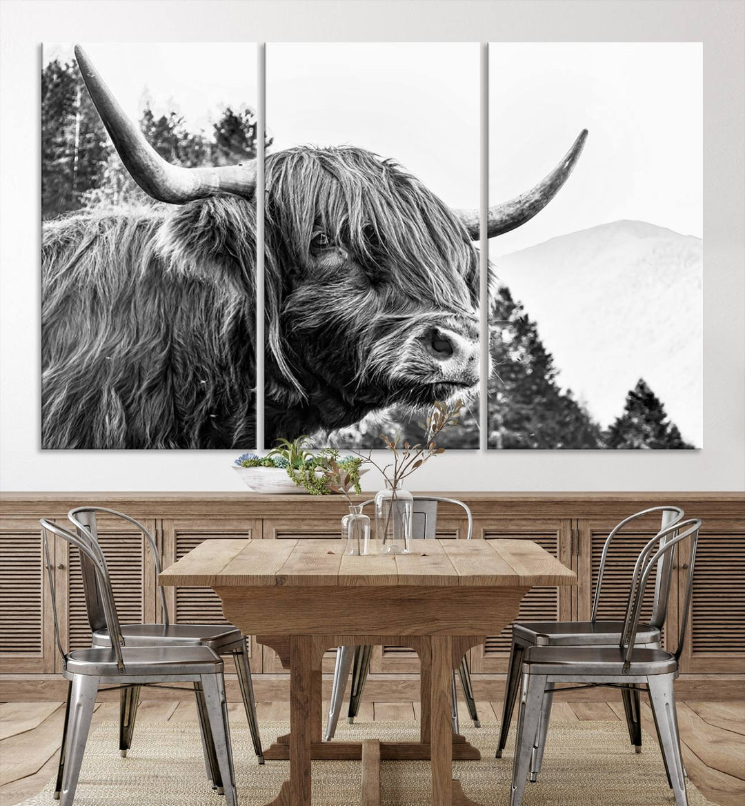 The Scottish Longhorn Wall Art Canvas Print features a highland cow with long horns and shaggy hair displayed on a museum-quality canvas. Equipped with a UV-protective coating for durability, it's ready to hang and enjoy for years to come.