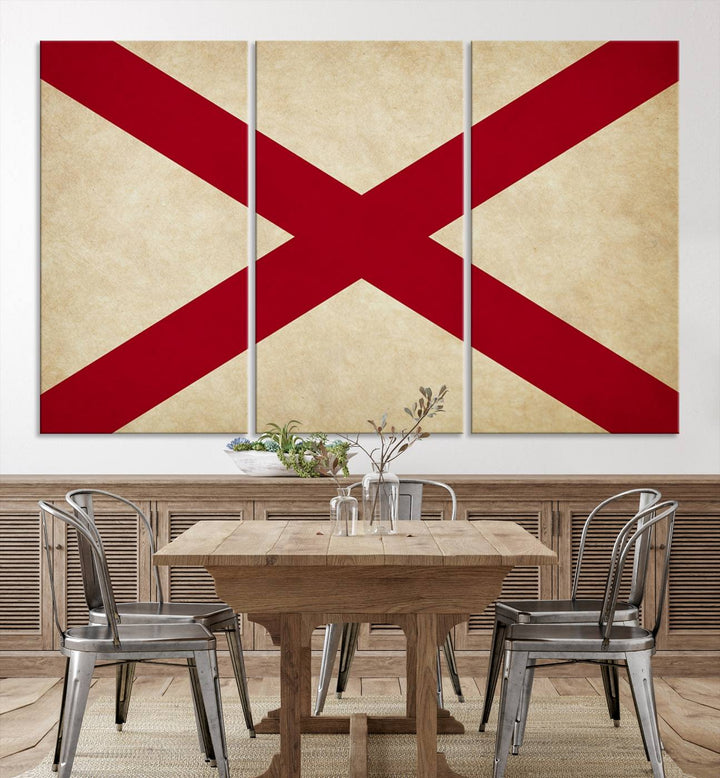 The USA Alabama States Flag Wall Art, featuring a red diagonal cross on a cream background, is elegantly displayed on museum-quality canvas with a UV-protective coating.