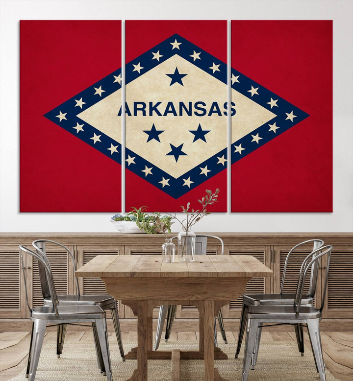 The Arkansas Flag Wall Art Canvas Print is displayed on gallery-wrapped, museum-quality canvases. Its vibrant colors are preserved by a UV-protective coating, ensuring long-lasting brilliance in your living space.